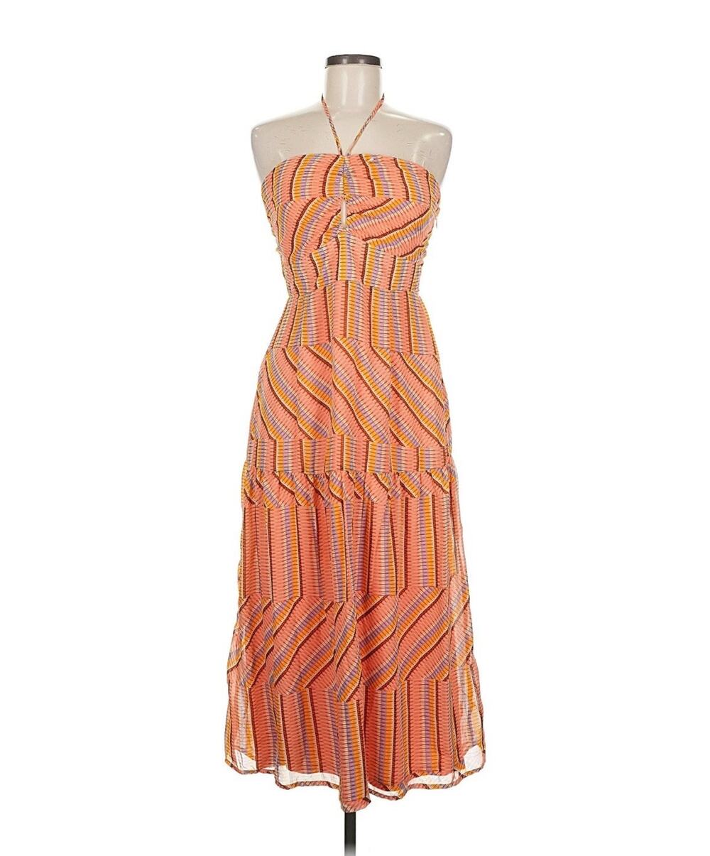 Eclair Women's Size L Striped Tiered Halter Maxi Dress Runched Bodice Y2K Boho